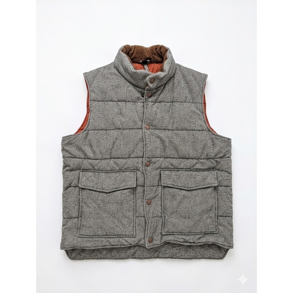 Lands End Mens Grey Herringbone Puffer Vest Large 42-44 Corduroy Trim Quilted